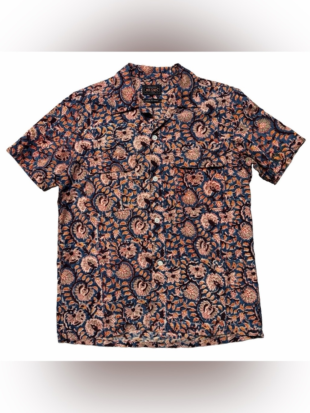 BEAMS Plus Japan Open Collar Short Sleeve Botanical Block Print Shirt Size S
